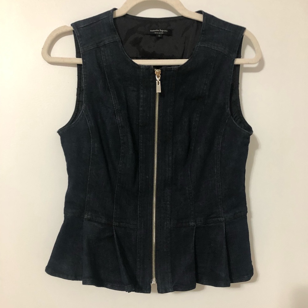 Nanette Lepore Denim Fitted Full Zip Top Vest with Ruffle Accent, Size 12